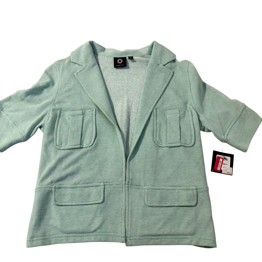 Amber Sun Mint Green Striped Cotton French Terry Short‎ Sleeve Blazer Summer